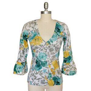 Charlotte Tarantola Floral Print Cardigan Sweater Size M Blue Yellow Knit